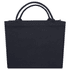 A black recycled tote bag with dual handles and a simple, unembellished design. It features a logo on the front.