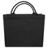 A black recycled tote bag with two handles and a simplistic design, featuring a logo on one side.