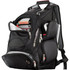 A black backpack featuring multiple compartments and zippers, designed to hold a laptop and other essentials.