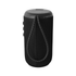 A black outdoor Bluetooth speaker with a textured surface and a carrying strap. Features control buttons on the side.