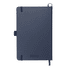 A navy blue leather-bound journal with elastic closures and a branding logo on the cover.