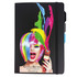 A black notebook with a vibrant multicoloured hair design on the cover and an elastic band closure.