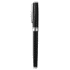 A black rollerball pen with a sleek metal design and silver accents, featuring a branding logo.