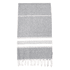 A grey and white 100% cotton Turkish towel with fringed edges and a simple striped pattern.