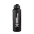 A drink bottle in matte black with a screw-top lid and a logo printed on the side.
