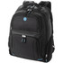 A black laptop backpack with multiple pockets and zippers, featuring a blue accent and a logo.