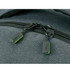 A grey backpack with a textured finish, featuring dual black zippers with green accents and a logo.