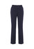 A pair of navy slacks featuring a straight-leg design and two front buttons. The garment has a logo.