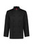 A black long sleeve chef jacket with a double-breasted design and a logo on the sleeve.