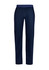 Navy straight leg scrub pants with an elastic waistband and a side pocket, featuring a logo. 
