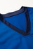 A blue scrub top with a V-neck design and contrasting navy blue trim. It features a smooth fabric texture.