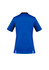 A blue and purple women's scrub top featuring a short-sleeve design and a back vent, with a logo present.