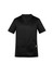 A black men's scrub top featuring a V-neck and short sleeves, with a side pocket and branding.