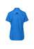 A blue women's outdoor short sleeve shirt with a back yoke and a logo on the upper back.