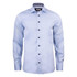 A light blue button-up shirt with long sleeves, featuring a checkered collar and black buttons. It has a logo.