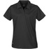 A women's black polo shirt with a collar and short sleeves, featuring a logo.