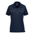 A dark navy women's polo shirt with a classic collar and short sleeves, featuring a logo.