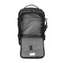 Open black backpack with organized compartments for travel and tech gear.
