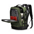 Green travel backpack with multiple compartments open, showing organized contents including a laptop and notebook.