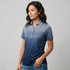 A women's polo shirt featuring a gradient design from light to dark blue, with a collared neckline and buttons.
