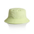 A lime green nylon bucket hat with a flexible brim and a logo on the side.