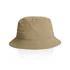 A beige nylon bucket hat with a wide brim and textured surface, featuring a logo.