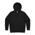 A black hoodie featuring a front pocket and drawstring hood. It has a logo on it.