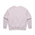 A light pink sweater with long sleeves and a relaxed fit. Features a branding logo on the back.