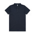 A navy blue polo shirt featuring a collar and button placket, with a logo on the chest.