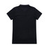 A black polo shirt featuring a collar and short sleeves, with a logo present.