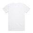 A plain white T-shirt with a standard crew neck and short sleeves, featuring a logo on the front.