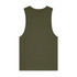 An olive green singlet tank top with a plain back design. It features a logo.