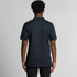 A black polo shirt displayed from the back, featuring a collar and short sleeves, with a logo on the side.