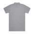 A grey polo shirt with a collar, featuring three buttons and a logo on the chest.