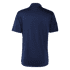 A navy blue men's polo shirt featuring a collar and short sleeves, with a logo on the back.