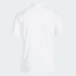 A white men's polo shirt featuring a collar and short sleeves, with a logo on the back.