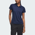 A navy polo shirt for women with a collar and short sleeves, featuring a logo on the chest.
