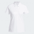 A white ladies' polo shirt with a collar, short sleeves, and a logo on the lower hem.
