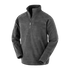 A dark grey quarter-zip fleece top made from recycled PET material, featuring long sleeves and a high collar, with a branding logo.