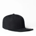 A black flat peak fitted cap with six panels and a logo on the front.