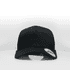 A black trucker cap with a white mesh back and a round logo on the front.