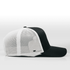 A black and white trucker cap featuring a mesh back and a solid front panel, with a logo on the side.