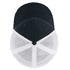 A black and white trucker cap with a solid black front panel and mesh back. It features a logo on the front.