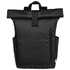 A black roll-top backpack made from GRS RPET material, featuring side pockets and a branding logo.