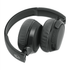 A pair of black wireless headphones with cushioned ear pads and a logo on the side. The headphones feature buttons and a charging port.