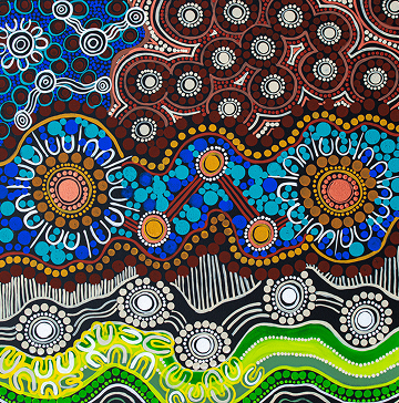 Abstract Indigenous art with circular and wavy designs evoke nature and movement, creating a dynamic, cultural expression.