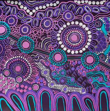 Abstract Indigenous art with circular and wavy designs evoke nature and movement, creating a dynamic, cultural expression.