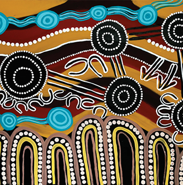 Abstract Indigenous art with circular and wavy designs evoke nature and movement, creating a dynamic, cultural expression.