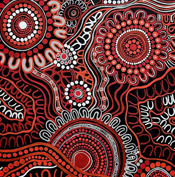 Abstract Indigenous art with circular and wavy designs evoke nature and movement, creating a dynamic, cultural expression.
