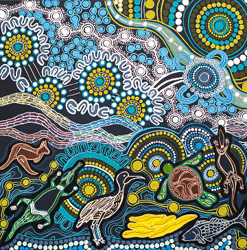 Abstract Indigenous art with circular and wavy designs evoke nature and movement, creating a dynamic, cultural expression.